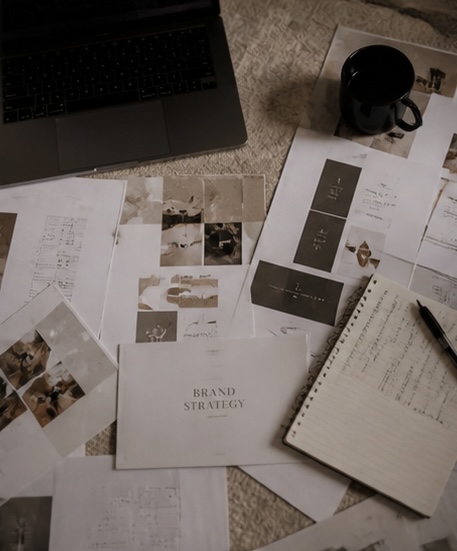Brand strategy papers, notes, laptop, and coffee on a desk